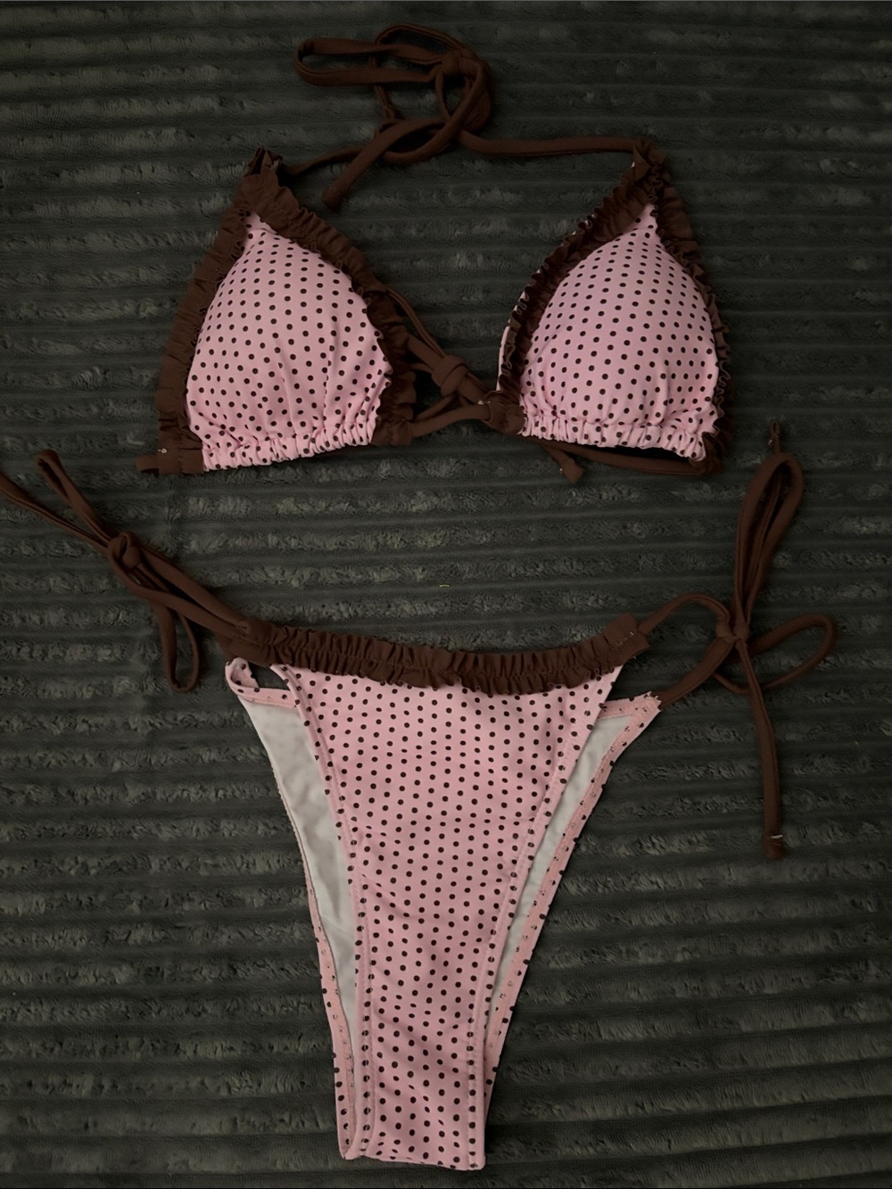 Pink Polka Dot Tie-Side Bikini with Brown Trim